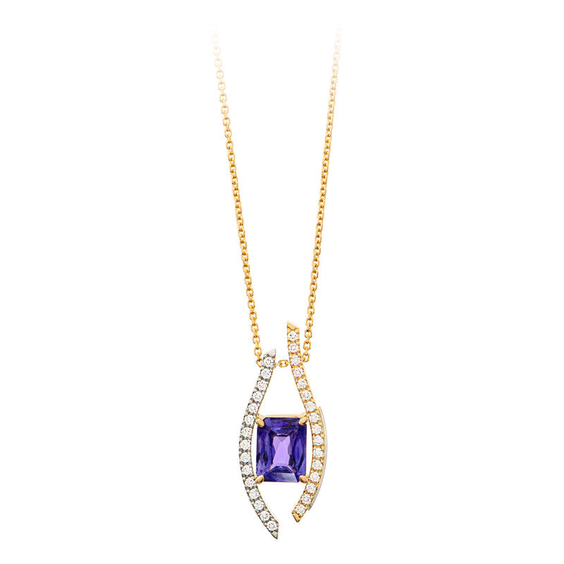 Gold pendant with a purple sapphire framed by diamonds, on white