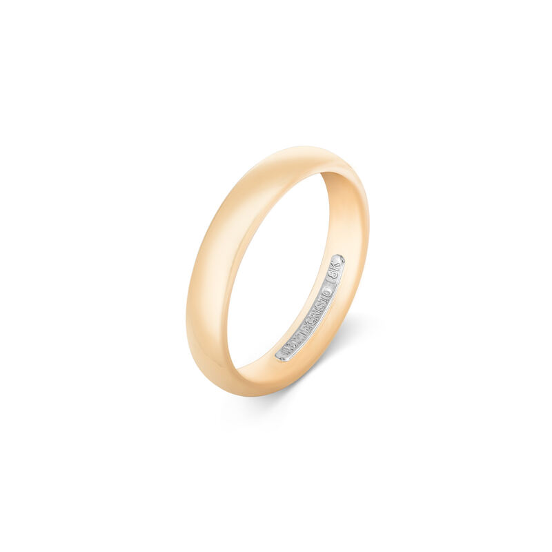 A rose gold wedding band with a channel of diamonds, on white