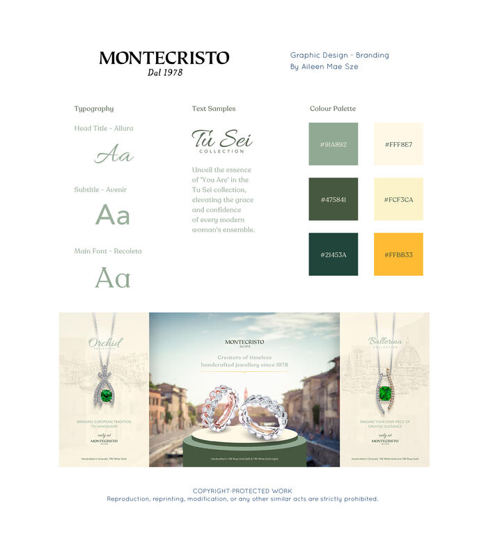 Brand identity board for Montecristo Jewellers: logo, type, and colour swatches